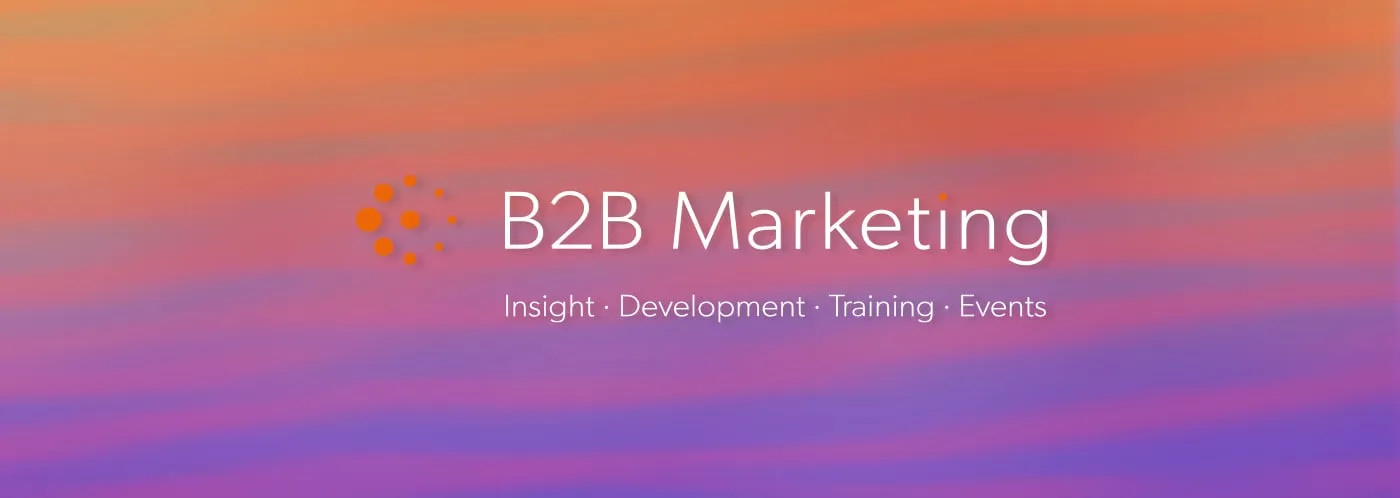 Orange fading into purple image for the B2B Marketing and True colours with the B2B Marketing logo in the centre