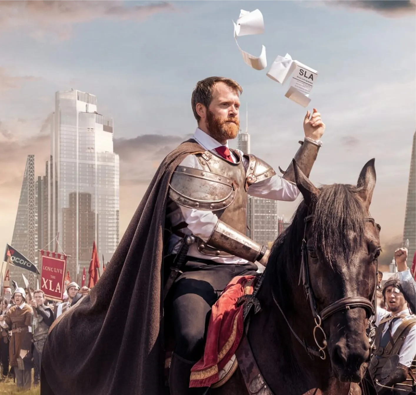 An armoured rider on horseback before a crowd and the London skyline, holding a sheet of paper aloft as more sheets scatter in the air